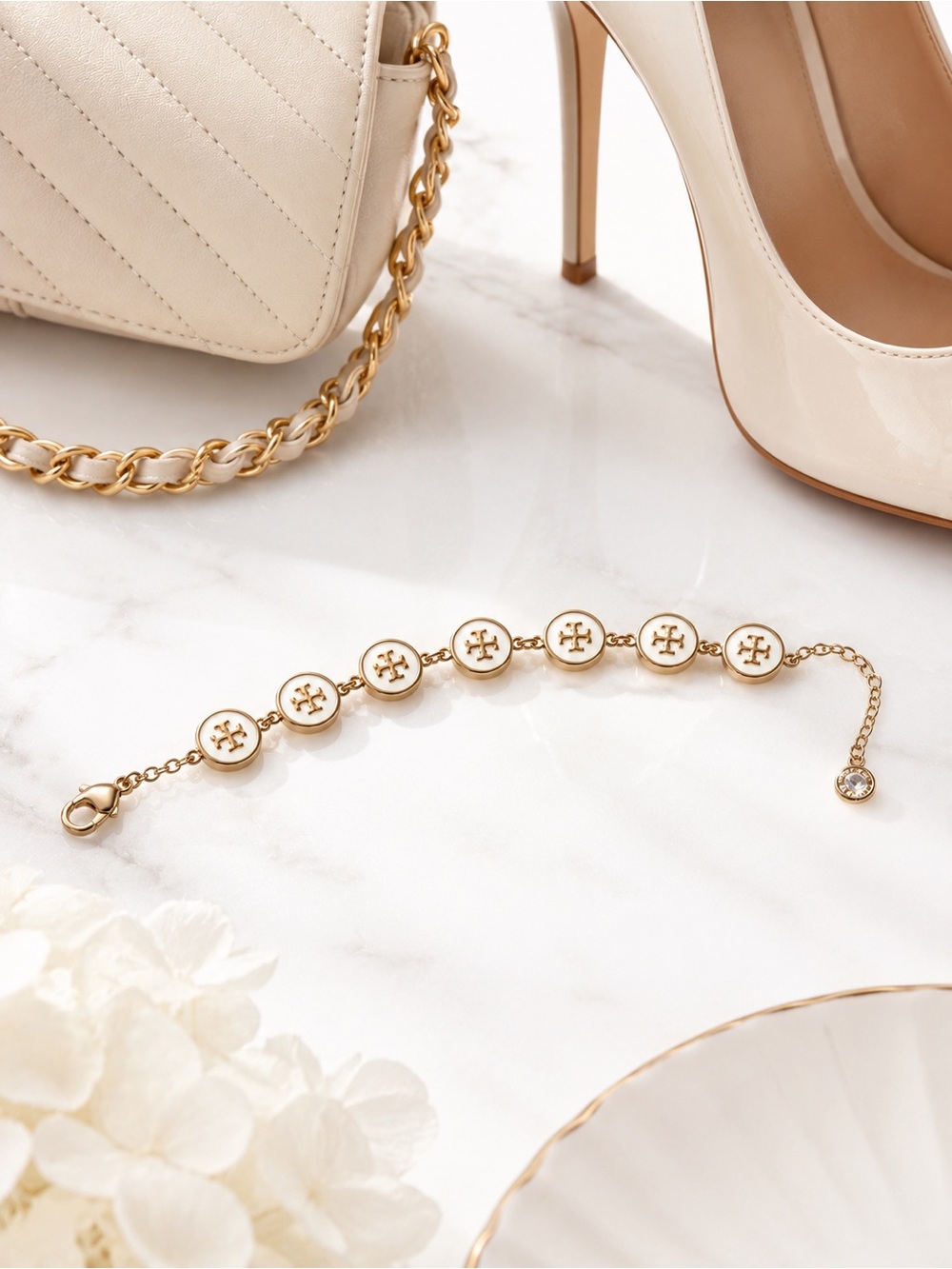 Tory Burch Gold-Tone Bracelet with Cream Enamel Logo Discs